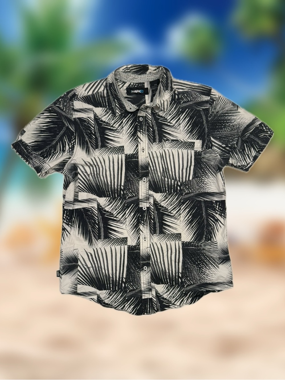 Tony Hawk Men’s Size Medium Black White Palm Print Button-Up Shirt Short Sleeve
